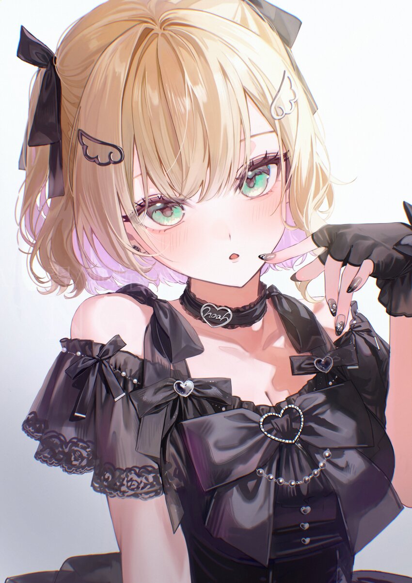 1girl absurdres bare_shoulders black_choker black_dress black_nails black_ribbon blonde_hair blush breasts choker cleavage dress finger_to_cheek fingerless_gloves frilled_sleeves frills gloves green_eyes hair_ornament hair_ribbon hairclip hand_up highres kurumi_noah lace-trimmed_sleeves lace_trim looking_at_viewer magako medium_hair off-shoulder_dress off_shoulder parted_lips ribbon see-through_clothes see-through_sleeves short_sleeves simple_background solo upper_body virtual_youtuber vspo! white_background