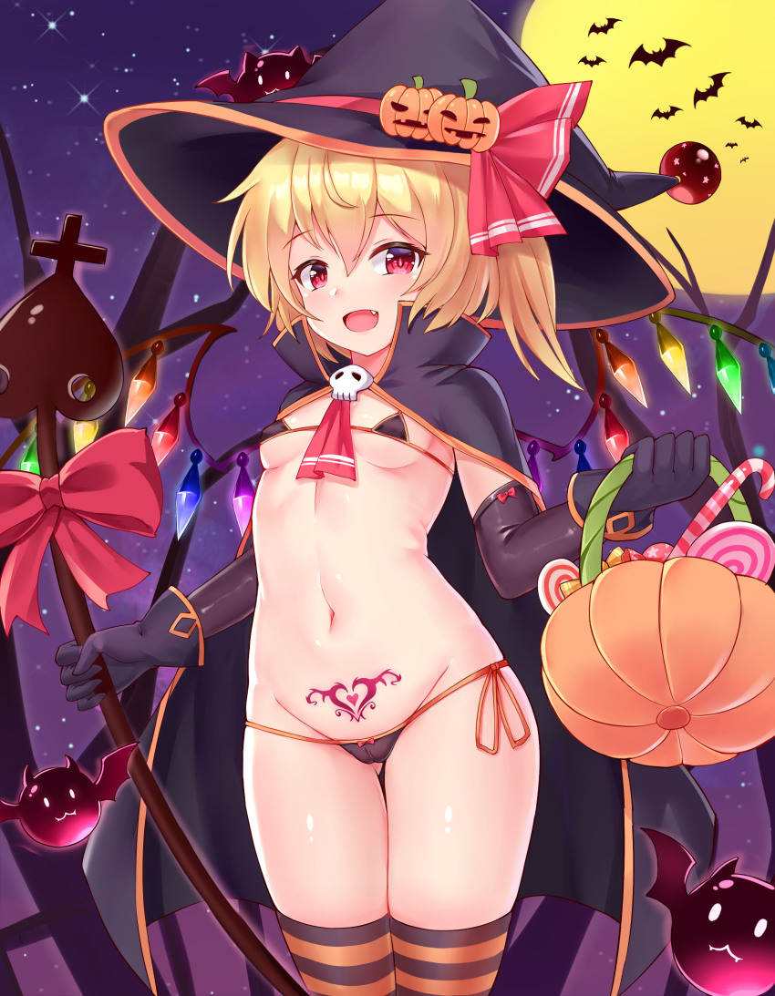 1girl :d absurdres bag bat_(animal) black_bra black_cape black_gloves black_hat black_panties blonde_hair bra breasts cape crystal elbow_gloves fang flandre_scarlet food full_body gloves groin hair_between_eyes halloween halloween_bucket hat hat_ribbon highres hip_focus holding holding_bag laevatein long_hair looking_at_viewer micro_bra night night_sky no_pants no_shirt open_mouth outdoors panties pubic_tattoo red_eyes red_ribbon ribbon side-tie_panties side_ponytail skull sky slit_pupils small_breasts smile solo standing star_(sky) starry_sky striped_clothes striped_thighhighs sweets tattoo thigh_gap thighhighs touhou underwear vampire wings witch_hat yangshangshu