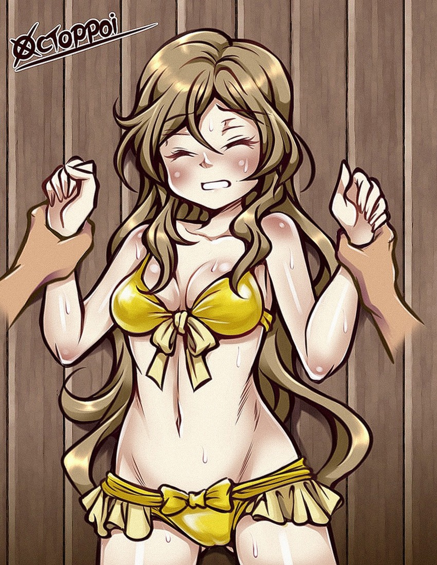 1boy 1girl bikini blush breasts brown_hair cameltoe cleavage clenched_teeth closed_eyes highres holding_another&#039;s_wrist large_breasts long_hair looking_at_viewer navel restrained shinomiya_himawari sweat swimsuit teeth vividred_operation yellow_bikini