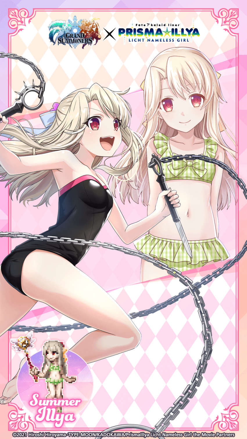 ass bare_legs bare_shoulders barefoot bikini black_one-piece_swimsuit blonde_hair blush breasts chain chibi chibi_inset closed_mouth copyright_notice fate/kaleid_liner_prisma_illya fate_(series) grand_summoners green_bikini highres holding holding_chain holding_weapon illyasviel_von_einzbern logo long_hair looking_at_viewer navel official_art one-piece_swimsuit open_mouth pixel_art_inset red_eyes small_breasts smile solo_focus stomach straight-on straight_hair swimsuit weapon