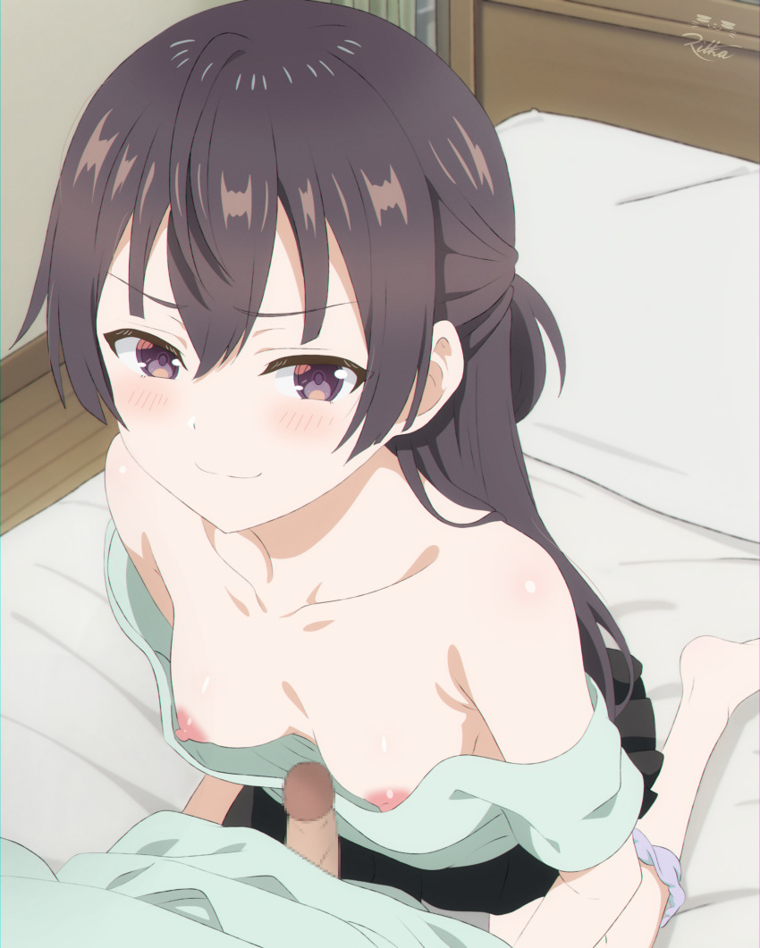 1boy 1girl absurdres bed black_hair black_skirt blush breasts censored closed_mouth collarbone downblouse green_shirt highres indoors kneeling long_hair looking_at_viewer mosaic_censoring naizuri nipples off_shoulder paizuri penis pov pov_crotch seasonanimes shirt signature skirt small_breasts smug solo_focus suou_yuki tokidoki_bosotto_roshia-go_de_dereru_tonari_no_alya-san