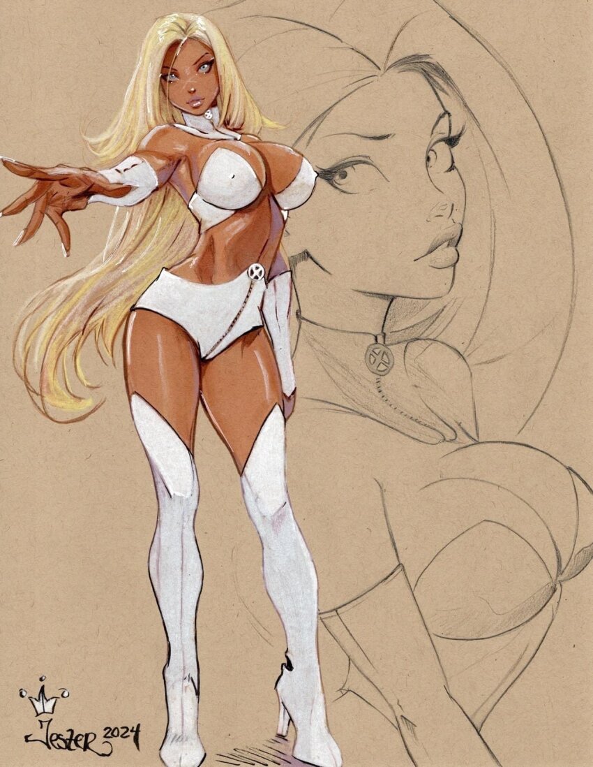 1girl alternate_skin_color artist_name blonde_hair blue_eyes boots bra breasts brown_background covered_erect_nipples dark-skinned_female dark_skin emma_frost high_heel_boots high_heels highres large_breasts long_hair looking_at_viewer marvel short_shorts shorts signature solo thigh_boots underwear white_bra white_footwear white_shorts x-men