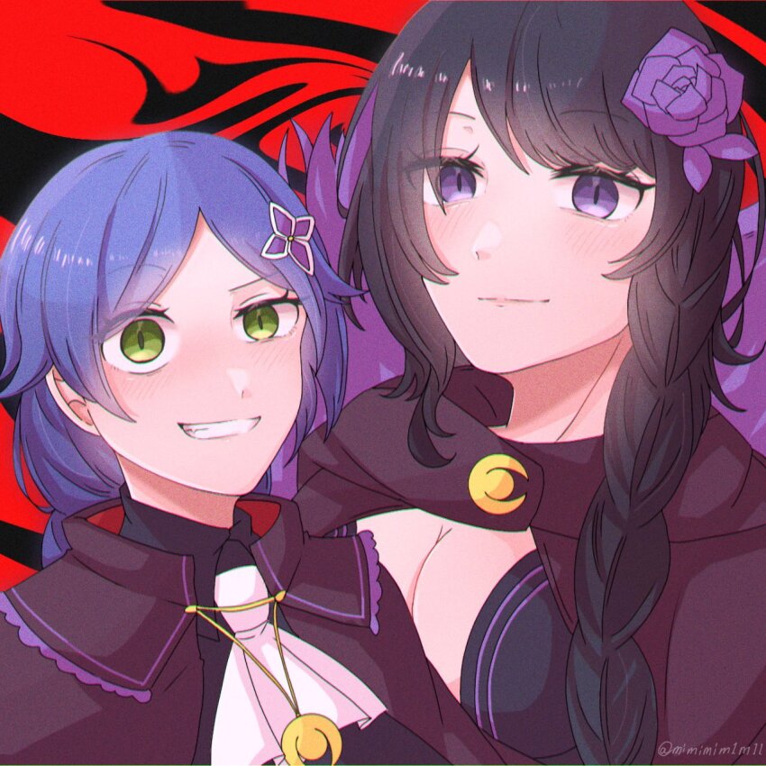 2girls black_hair blue_hair braid braided_ponytail breasts cape cleavage elsa_granhilte flower fur_trim green_eyes hair_flower hair_ornament highres large_breasts long_hair looking_at_viewer meili_portroute multiple_girls purple_eyes purple_flower purple_rose re:zero_kara_hajimeru_isekai_seikatsu rose smile teeth