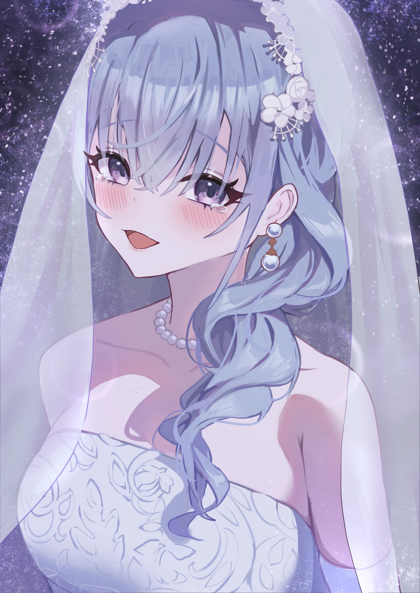 1girl absurdres blush braid breasts bridal_veil collarbone commentary_request dress earrings grey_hair highres idolmaster idolmaster_shiny_colors jewelry looking_at_viewer medium_breasts necklace nekoplanetouo pearl_necklace purple_eyes smile solo strapless strapless_dress suzuki_hana tears upper_body veil wedding_dress white_dress