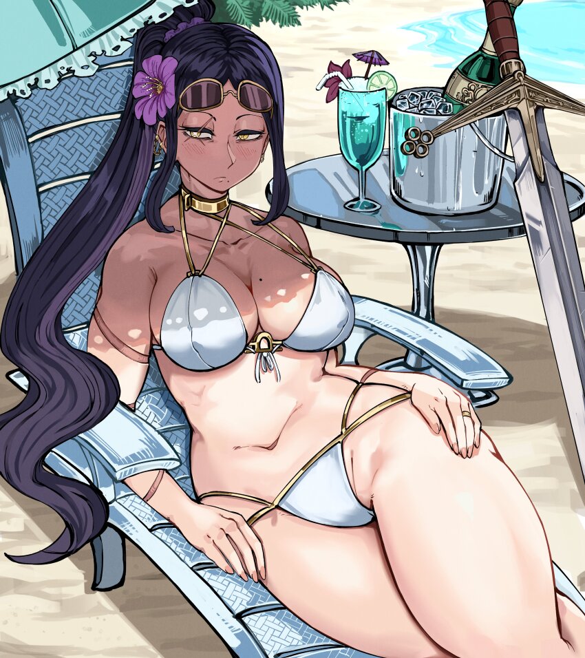 1girl absurdres antares_topaz beach beach_chair bikini black_hair breasts cocktail_umbrella drink eyebrow_cut flower food fruit gold_collar highres ice_bucket jewelry libra_(antares_topaz) lime_(fruit) lime_slice mole mole_on_breast mole_under_mouth on_chair original purple_flower reclining ring sand scar scar_on_face solo star_(symbol) sunglasses swimsuit sword symbol-shaped_pupils table umbrella water weapon white_bikini yellow-framed_eyewear