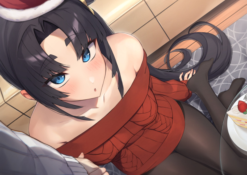 1girl 1other bare_shoulders black_hair black_pantyhose blue_eyes blush breasts cable_knit cake christmas collarbone fate/grand_order fate_(series) food fur-trimmed_headwear fur_trim hat holding_hands indoors long_hair looking_at_viewer medium_breasts off-shoulder_sweater off_shoulder open_mouth pantyhose pinta_(ayashii_bochi) red_hat red_sweater santa_hat sitting solo_focus sweater thick_eyebrows thighhighs ushiwakamaru_(fate) yokozuwari