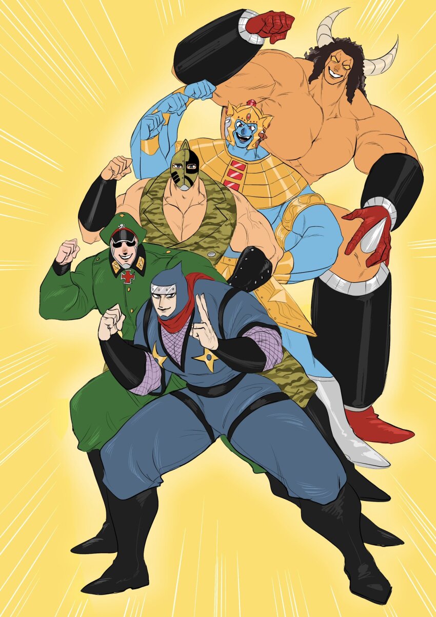 5boys abs armlet armor ashuraman biceps brocken_jr. buffaloman clenched_hand crossed_arms extra_arms groin hat helmet highres jewelry kinniku_ataru kinnikuman kinnikuman_soldier large_pectorals looking_at_viewer manly military_hat military_uniform monster_boy multiple_arms multiple_boys multiple_faces muscular ninja open_mouth pectorals shaded_face smile solo tag_team teamwork the_ninja_(kinnikuman) yellow_background