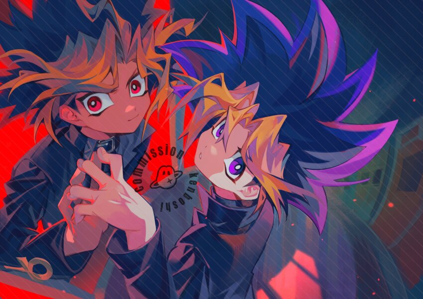 2boys black_hair blonde_hair commission different_reflection highres looking_at_viewer male_focus multicolored_hair multiple_boys muto_yugi purple_eyes purple_hair red_eyes red_hair reflection spiked_hair ssbaby yami_yugi yu-gi-oh! yu-gi-oh!_(toei)