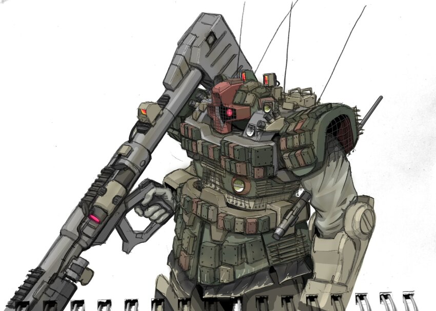 aron_e bazooka_(gundam) cope_cage dom_(mobile_suit) gundam highres holding holding_weapon mecha mobile_suit_gundam mono-eye no_humans reactive_armor robot science_fiction weapon white_background zeon