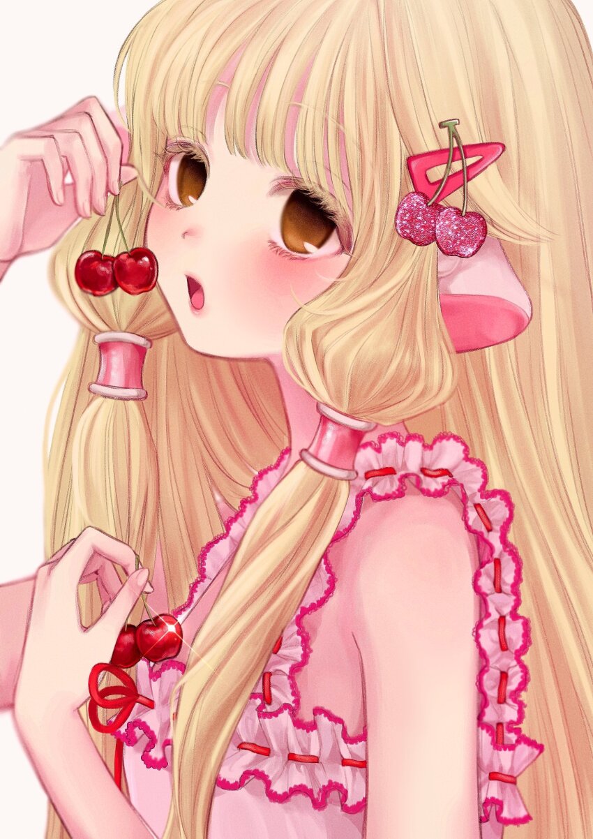 1girl blonde_hair blunt_bangs brown_eyes camisole cherry chii chobits colored_eyelashes derivative_work eyelashes food food-themed_hair_ornament fruit hair_ornament hairclip hands_up highres holding holding_food holding_fruit humanoid_robot long_hair looking_at_viewer low_twintails mipi_(u3u_00) no_pupils open_clothes open_mouth persocom red_ribbon ribbon ribbon-trimmed_camisole robot robot_ears simple_background solo straight_hair twintails upper_body white_background white_camisole