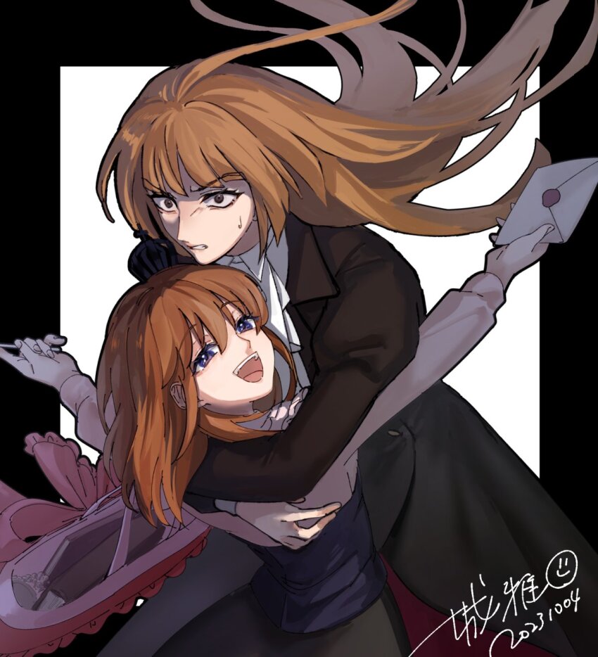 2girls ascot black_dress blue_eyes blunt_bangs brown_eyes brown_hair cowboy_shot dated dress fingernails floating_hair hair_between_eyes highres holding holding_letter hug letter long_hair looking_at_viewer mother_and_daughter multiple_girls open_mouth sidelocks signature simple_background smile sofy sweatdrop teeth umineko_no_naku_koro_ni upper_teeth_only ushiromiya_maria ushiromiya_rosa white_ascot