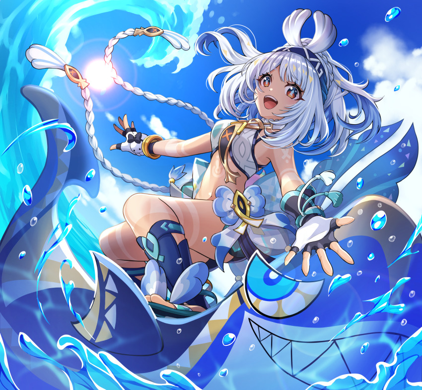 1girl :d absurdres ankoro bare_shoulders blue_hair blue_hairband blue_headband body_markings braid breasts crop_top fingerless_gloves fish-shaped_pupils genshin_impact gloves hairband headband highres light_blue_hair long_hair looking_at_viewer low_twin_braids midriff mualani_(genshin_impact) navel open_mouth red_eyes shark smile solo surfing symbol-shaped_pupils tan twin_braids white_hair