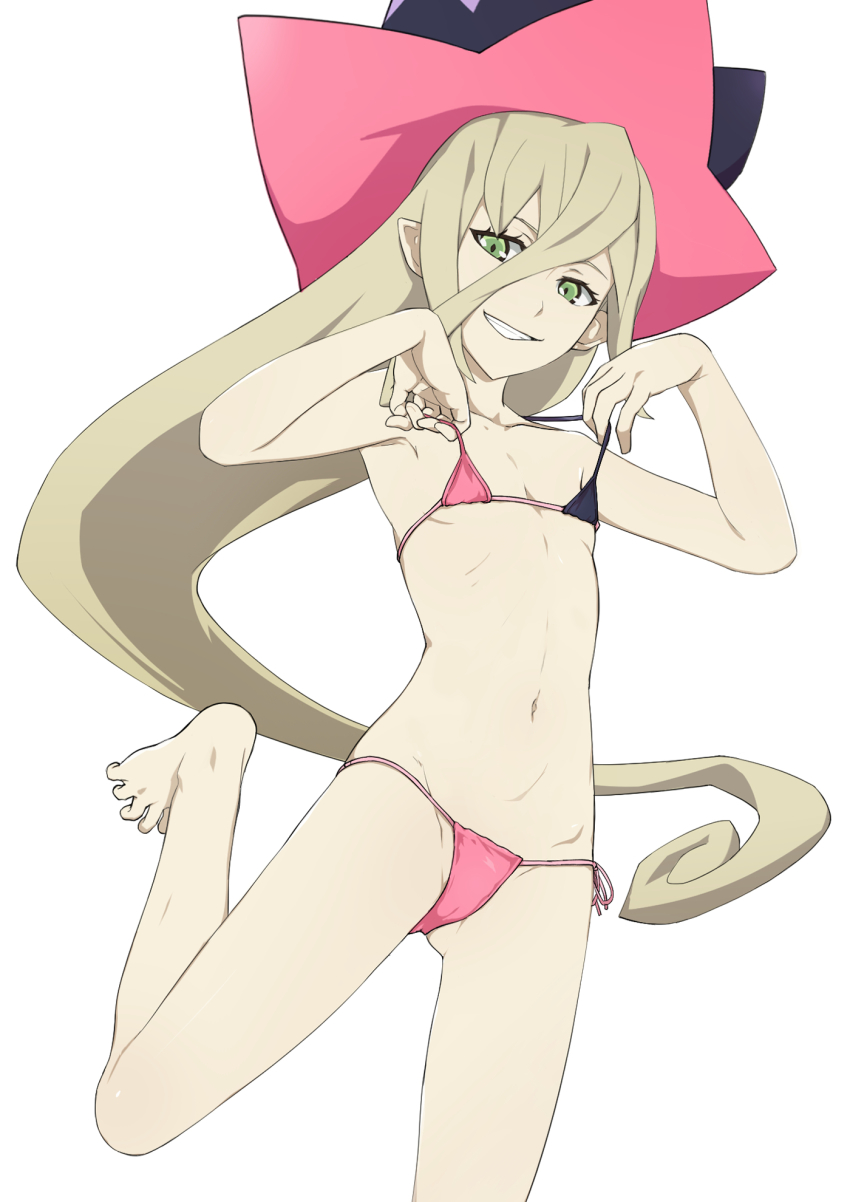 1girl bikini black_bikini blonde_hair commentary_request flat_chest green_eyes hat highres long_hair looking_at_viewer magilou_(tales) micro_bikini multicolored_bikini multicolored_clothes nanina_(nijnan) navel pink_bikini side-tie_bikini_bottom smile solo swimsuit tales_of_(series) tales_of_berseria very_long_hair white_background witch_hat