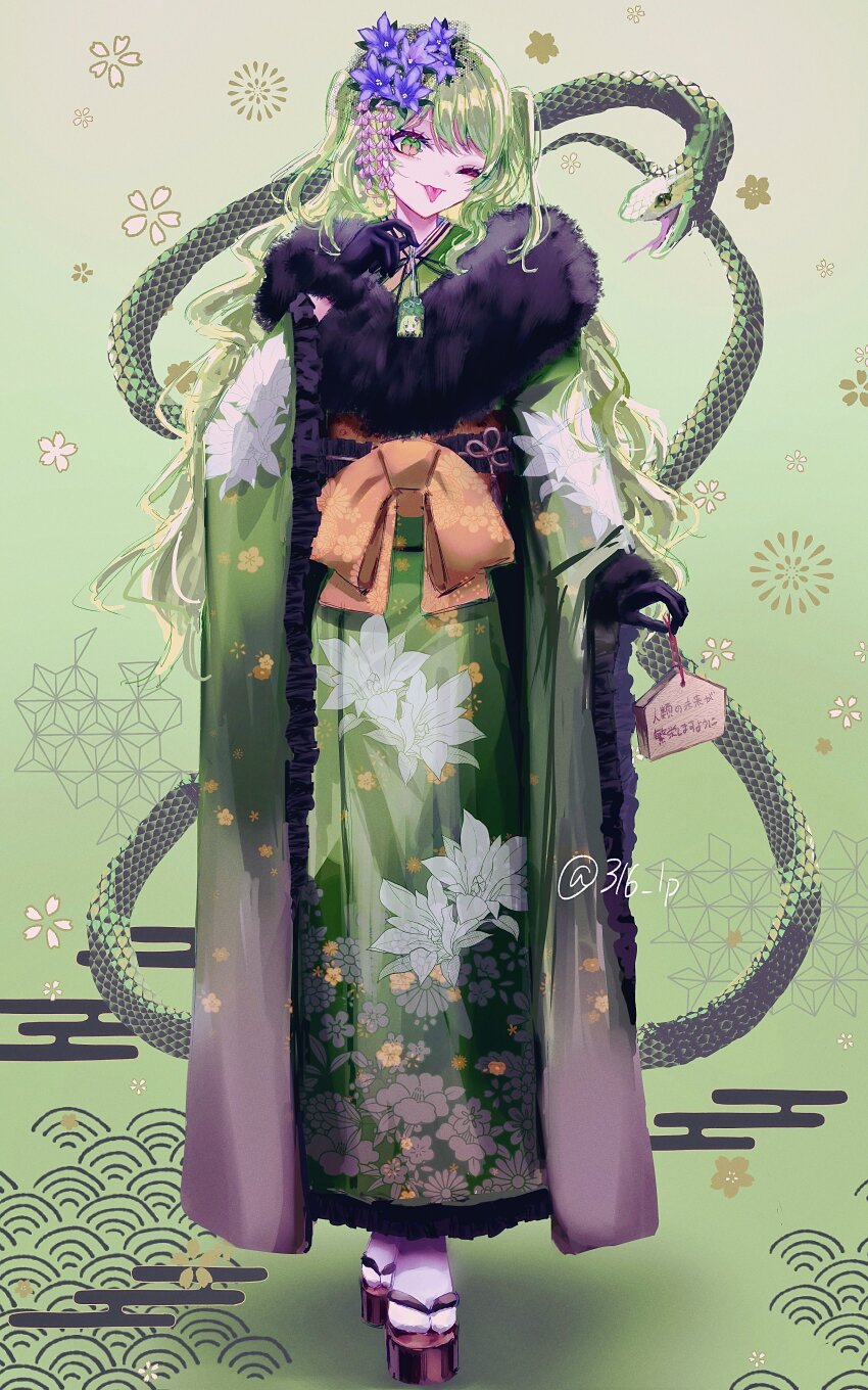 1girl 316_lp absurdres coat commentary_request flower full_body fur-trimmed_coat fur_trim green_background green_hair green_kimono hair_flower hair_ornament highres honkai_(series) honkai_impact_3rd japanese_clothes kimono long_hair mobius_(honkai_impact) okobo one_eye_closed sandals slit_pupils snake tongue tongue_out twintails twitter_username