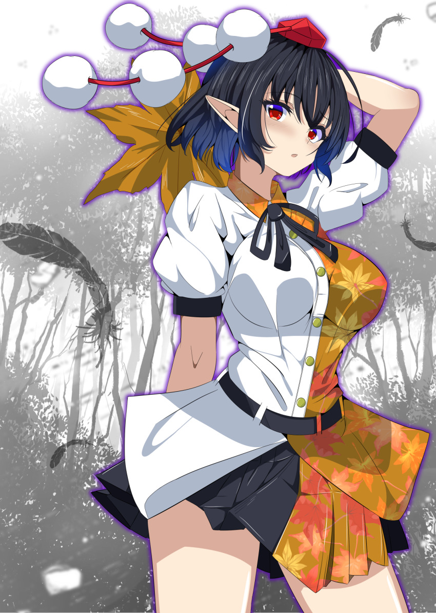 1girl arm_behind_back arm_behind_head arm_up asymmetrical_shirt belt black_belt black_hair black_ribbon black_skirt blush breasts bush buttons collared_shirt commentary_request cowboy_shot feathers forest hand_fan hat highres holding holding_fan kitaura_kasumi large_breasts leaf_fan leaf_print looking_at_viewer maple_leaf_print miniskirt nature no_wings open_mouth outline pleated_skirt pointy_ears pom_pom_(clothes) puffy_short_sleeves puffy_sleeves purple_outline red_eyes red_hat ribbon shameimaru_aya shirt short_hair short_sleeves skirt solo standing tokin_hat touhou tree