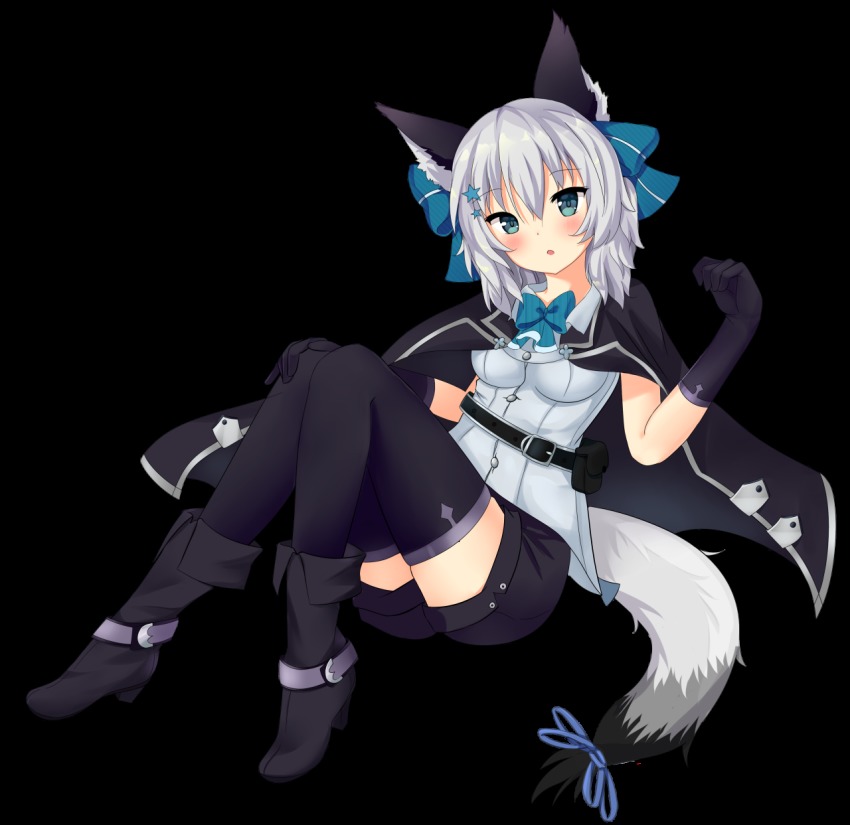 1girl :o animal_ears bad_id bad_pixiv_id bag belt belt_buckle black_belt black_cape black_footwear black_gloves black_shorts black_thighhighs blue_bow blue_bowtie blue_eyes blue_ribbon blush boots bow bowtie buckle cape commentary dress_shirt elbow_gloves female_focus full_body gloves hair_between_eyes hair_bow hand_on_own_knee hand_up head_tilt high_heel_boots high_heels highres looking_at_viewer mony original parted_lips ribbon satchel shirt short_shorts shorts silver_hair simple_background solo tail tail_ornament tail_ribbon thighhighs transparent_background white_background white_shirt wolf_ears wolf_girl wolf_tail