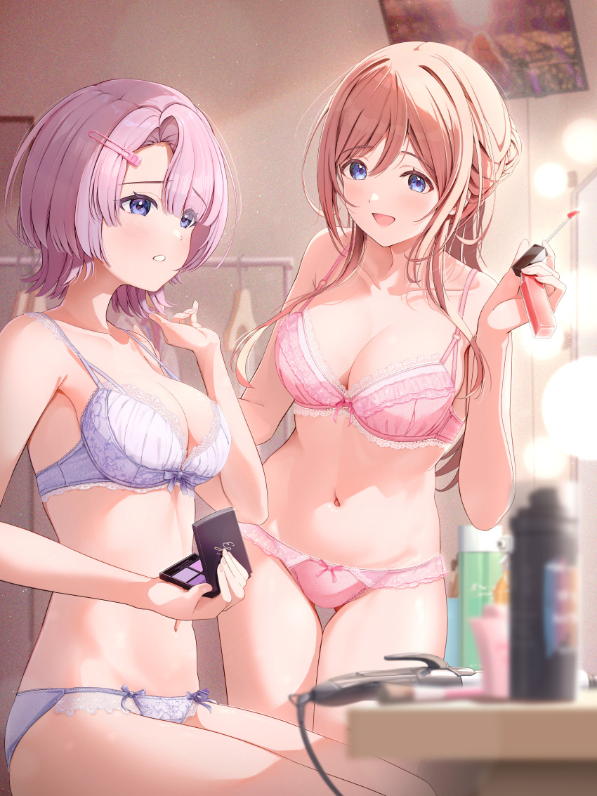 2girls absurdres applying_makeup arimura_mao blue_bra blue_eyes blue_panties bow bow_panties bra breasts cleavage collarbone compact_(cosmetics) cosmetics dressing_room frilled_bra frilled_panties frills fujinomiya_rio gakuen_idolmaster gluteal_fold groin hair_ornament hairclip highres himesaki_rinami holding holding_brush holding_compact holding_makeup_brush idolmaster indoors large_breasts long_hair looking_at_another looking_at_mirror makeup_brush marquee_lights medium_hair mirror multiple_girls navel orange_hair panties pink_bra pink_hair pink_panties revision sitting stomach underwear underwear_only