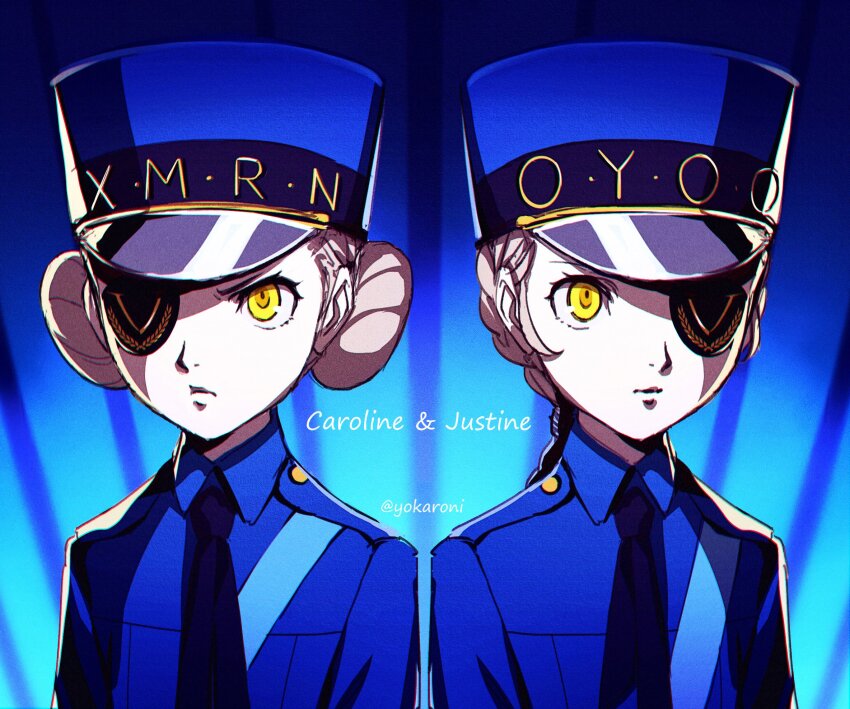 2girls black_necktie blue_hat blue_shirt caroline_(persona_5) character_name closed_mouth collared_shirt commentary_request double_bun eyepatch grey_hair hair_bun hat highres justine_(persona_5) multiple_girls necktie persona persona_5 shirt siblings twins twitter_username upper_body yellow_eyes yokaroni