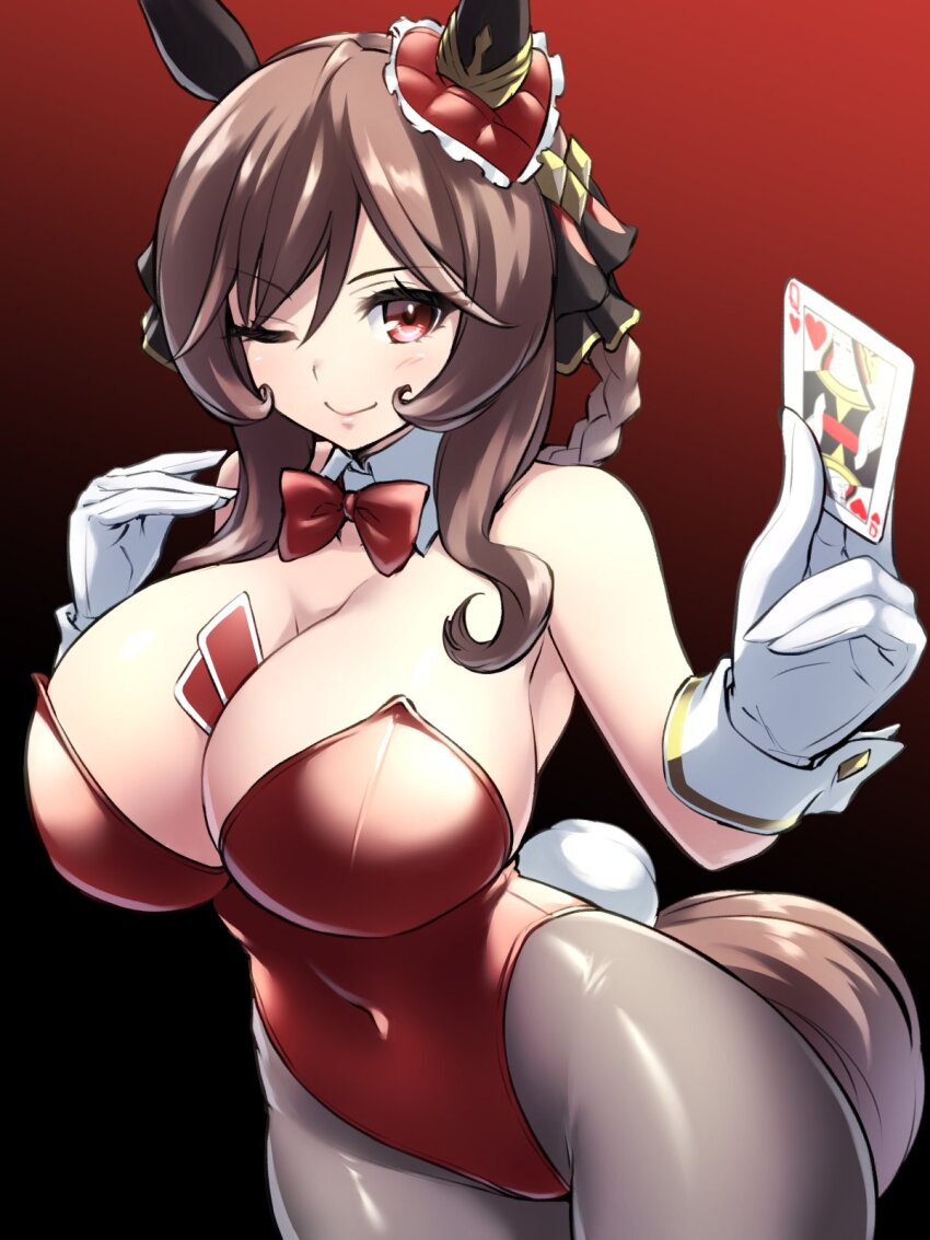 1girl breasts brown_hair card cleavage ear_covers gentildonna_(umamusume) gloves highres holding holding_card large_breasts leotard looking_at_viewer one_eye_closed pataneet poker red_background red_eyes red_leotard solo umamusume white_gloves