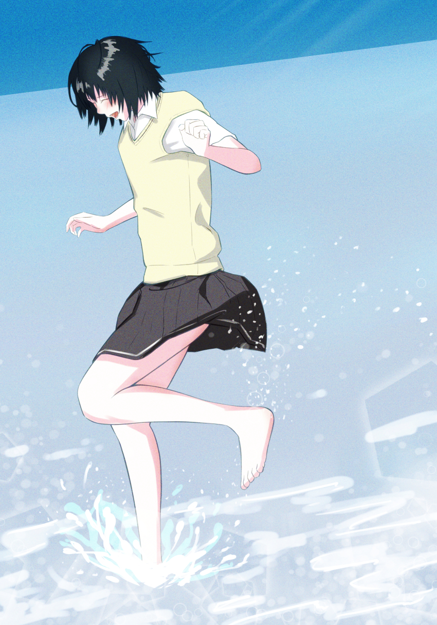 1girl :d absurdres amagami barefoot black_hair black_skirt blue_background blush breasts closed_mouth collared_shirt commentary dress_shirt dutch_angle film_grain foot_up full_body highres kibito_high_school_uniform nanasaki_ai open_mouth oshizu partially_submerged pleated_skirt school_uniform shirt short_hair short_sleeves skirt small_breasts smile solo splashing standing standing_on_one_leg summer_uniform sweater_vest toes wading water water_drop white_shirt yellow_sweater_vest