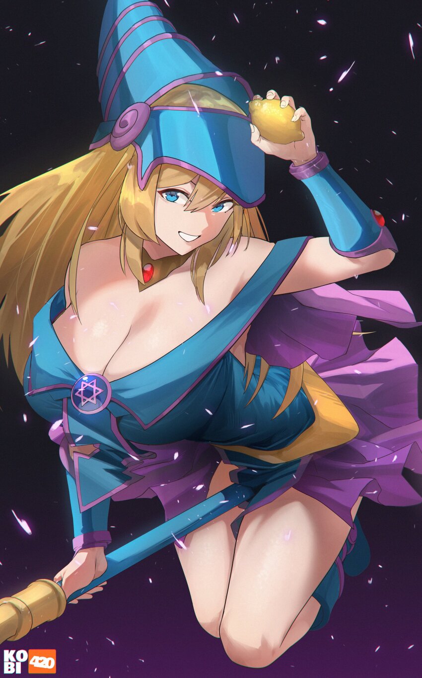 1girl absurdres bare_shoulders blonde_hair blue_eyes blue_hat breasts cleavage dark_magician_girl duel_monster food fruit gradient_background hat highres holding holding_food holding_fruit huge_breasts kobi420 lemon long_hair purple_background purple_skirt skirt solo yu-gi-oh!