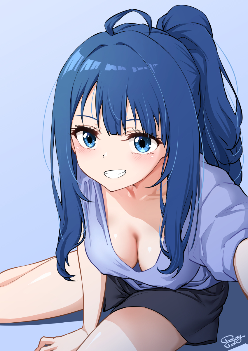 1girl absurdres ahoge black_shorts blue_background blue_hair breasts cleavage clenched_teeth covered_erect_nipples highres make_heroine_ga_oo_sugiru! medium_breasts medium_hair ponytail royboy selfie shorts signature simple_background smile solo teeth thighs yanami_anna