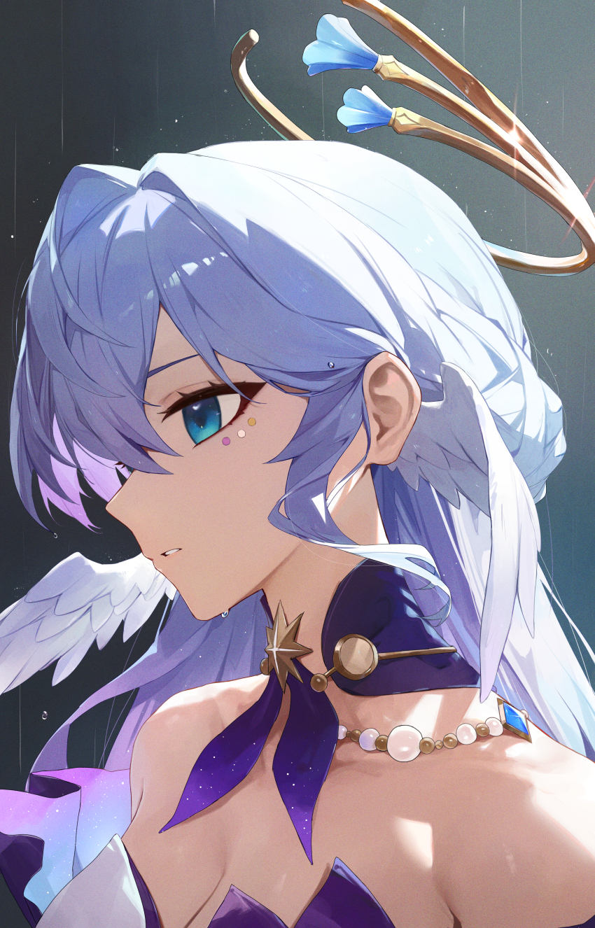 1girl absurdres aqua_eyes bare_shoulders braid breasts cleavage collar commentary detached_collar detached_sleeves from_side hair_intakes halo head_wings highres honkai:_star_rail honkai_(series) jewel_under_eye large_breasts long_hair looking_ahead parted_lips portrait profile purple_collar purple_sleeves rain robin_(honkai:_star_rail) sidelocks solo toi1et_paper wet wings