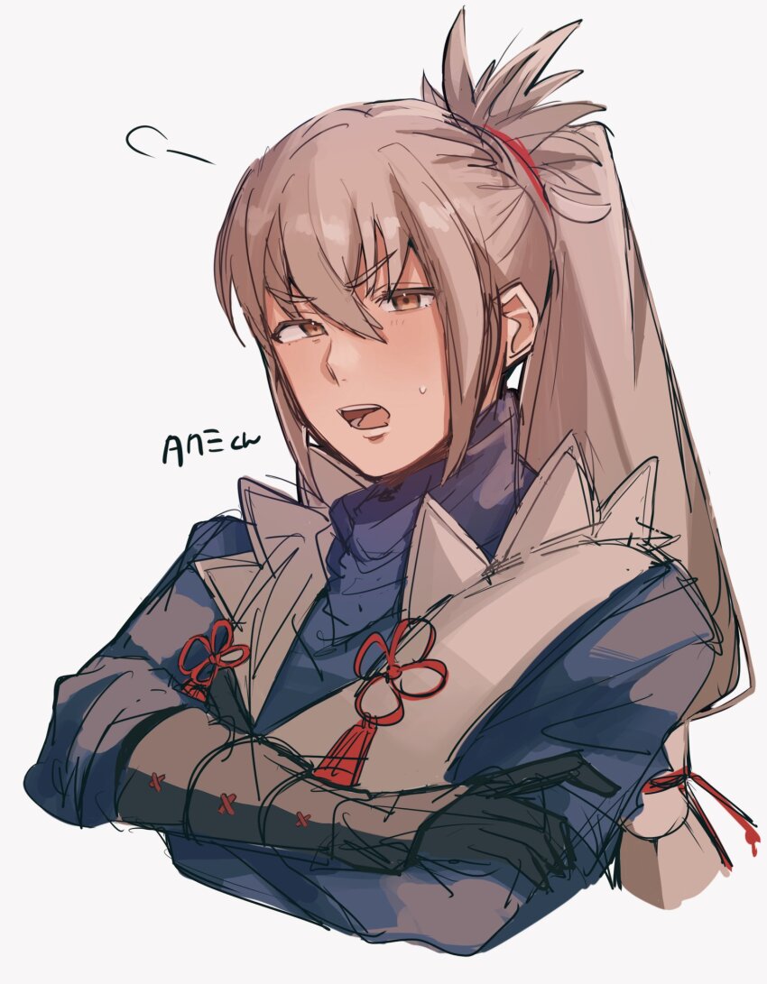 1boy brown_eyes cropped_torso crossed_arms fire_emblem fire_emblem_fates grey_hair hair_between_eyes highres long_hair long_sleeves looking_at_viewer male_focus neko_maru_1027 nintendo open_mouth ponytail solo sweatdrop takumi_(fire_emblem) upper_body very_long_hair white_background