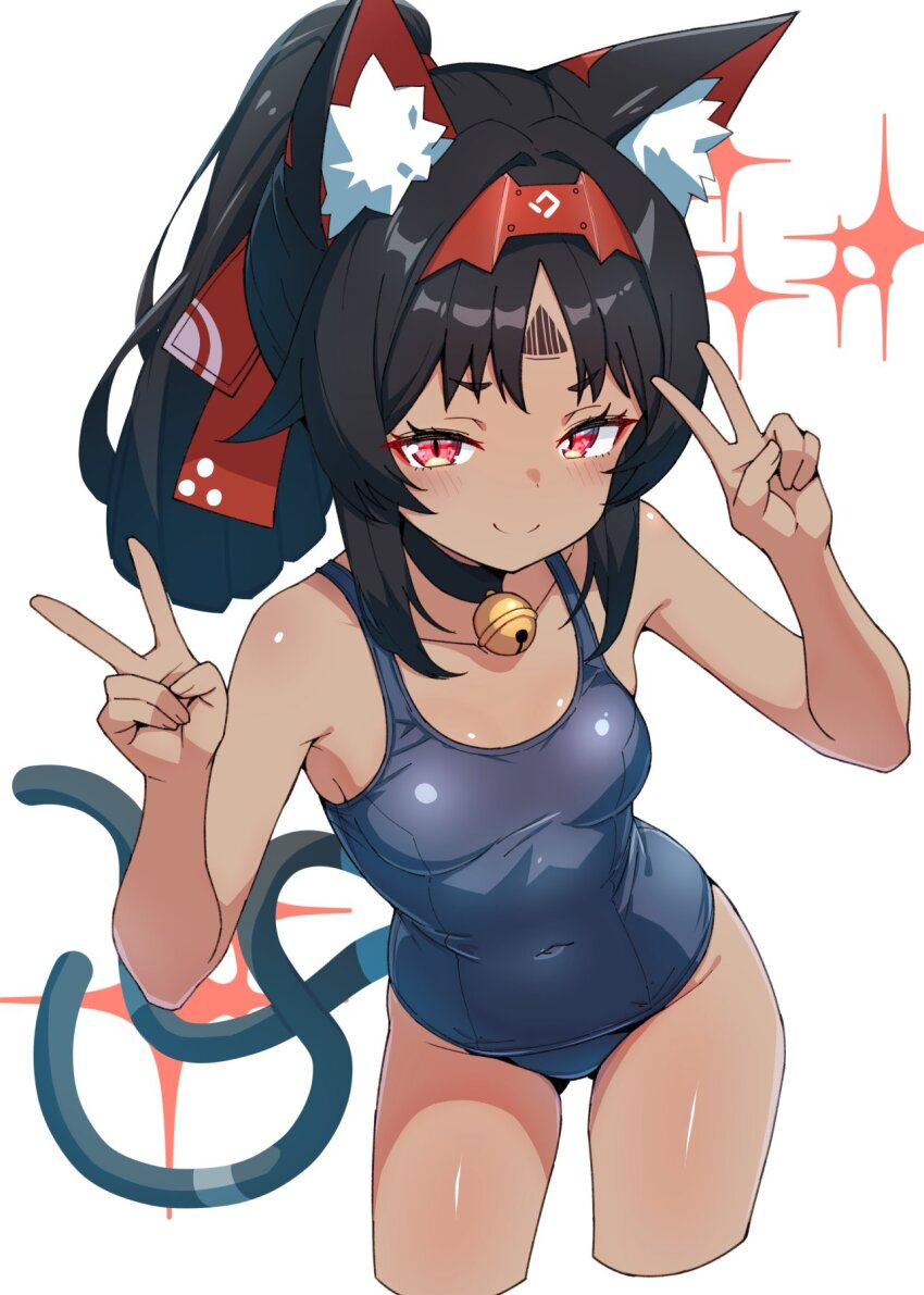 1girl animal_ear_fluff animal_ears bell blue_one-piece_swimsuit breasts cat_ears cat_girl closed_mouth dark-skinned_female dark_skin double_v highres jingle_bell kamidan looking_at_viewer multiple_tails nekomiya_mana one-piece_swimsuit red_eyes simple_background small_breasts smile solo standing swimsuit tail v white_background zenless_zone_zero