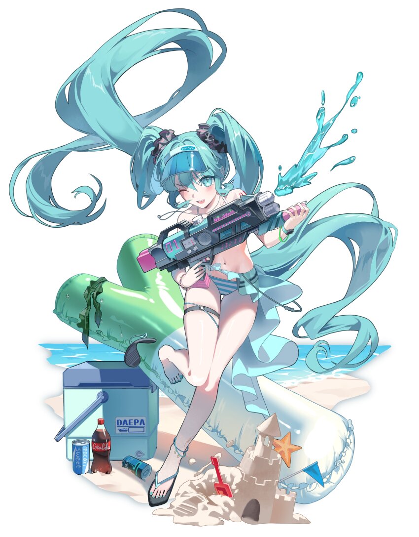 1girl absurdres aqua_bikini aqua_eyes aqua_hair bare_shoulders beach bikini black_scrunchie blush bracelet can commentary cooler drink_can floating_hair full_body hair_between_eyes hair_ornament hair_scrunchie hands_up hatsune_miku highres holding holding_water_gun hya_ro inflatable_toy jewelry long_hair navel necklace number_tattoo ocean one_eye_closed open_mouth outside_border sand_castle sand_sculpture sandals scrunchie simple_background soda_bottle soda_can solo spring_onion standing standing_on_one_leg striped_bikini striped_clothes swimsuit symbol-only_commentary tattoo teeth thigh_strap twintails upper_teeth_only very_long_hair visor_cap vocaloid watch water water_gun white_background wristwatch