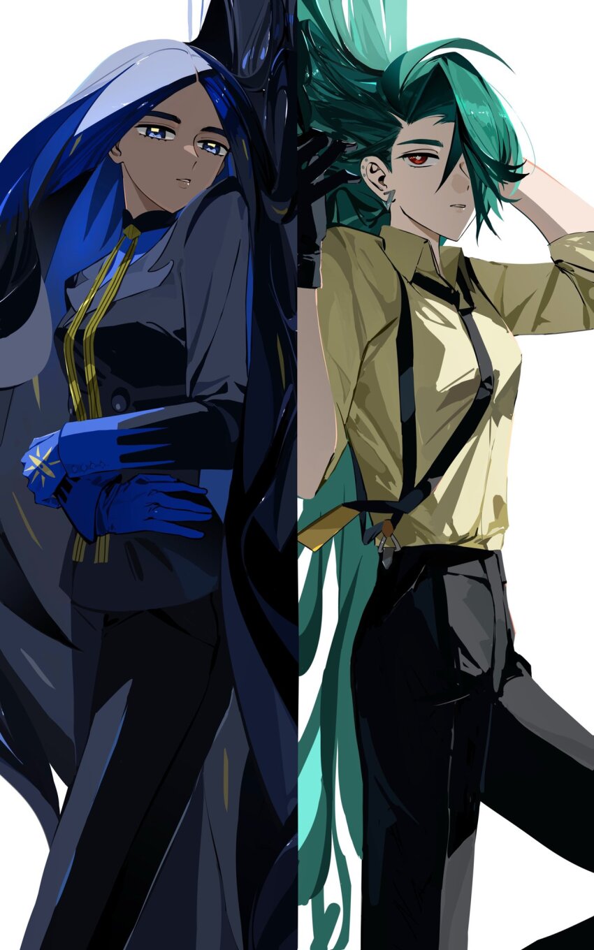 2girls black_gloves black_hair black_jacket black_necktie black_pants blue_eyes blue_gloves blue_shirt bright_pupils buttons collared_shirt creatures_(company) dark-skinned_female dark_skin earrings game_freak geeta_(pokemon) geetasdog gloves green_hair hands_up hashtag-only_commentary highres jacket jewelry long_hair long_sleeves multiple_girls neck_ribbon necktie nintendo pants parted_bangs pokemon pokemon_sv ribbon rika_(pokemon) shirt suspenders white_background yellow_ribbon