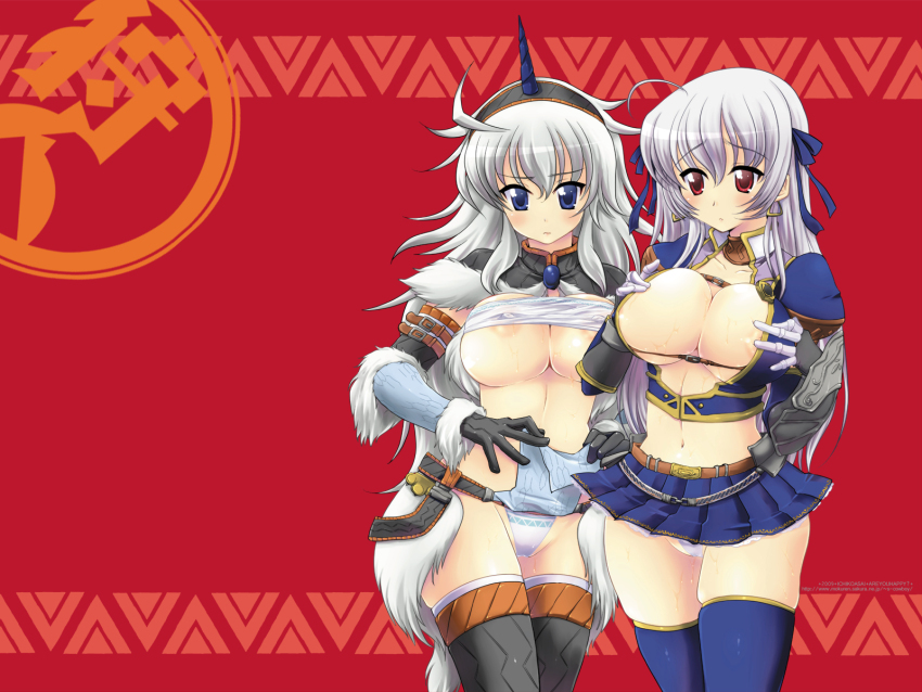 2girls ahoge areola_slip arm_belt asai_ichiko azure_(armor) bad_id belt black_gloves black_hairband black_thighhighs blue_eyes blue_ribbon blue_skirt blue_thighhighs brown_belt clothes_lift collarbone covered_erect_nipples earrings furrowed_brow gloves grey_hair hair_between_eyes hair_ribbon hairband highres jewelry kirin_(armor) lifting_own_clothes loincloth loincloth_lift midriff miniskirt monster_hunter_(character) monster_hunter_(series) multiple_girls navel panties pantyshot pleated_skirt puffy_short_sleeves puffy_sleeves red_background red_eyes ribbon short_sleeves skindentation skirt strapless sweat thighhighs tube_top underwear vambraces white_panties white_tube_top