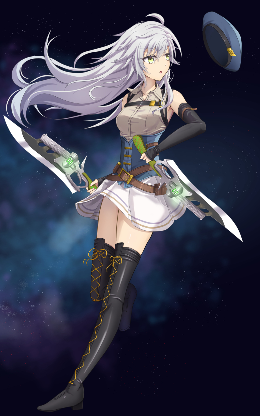 1girl absurdres ahoge beret boots breasts detached_sleeves dual_wielding eiyuu_densetsu fie_claussell floating_hair floating_hat green_eyes gunblade hair_between_eyes hat highres holding holding_weapon kai_no_kiseki kuro_no_kiseki_(series) long_hair sidelocks skirt small_breasts thigh_boots weapon white_hair witch_f