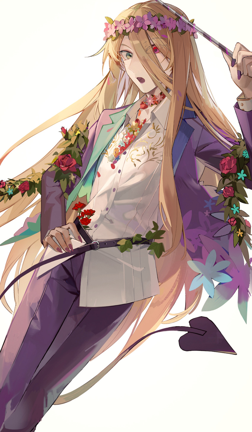 1boy :o aqua_flower belt blonde_hair collared_shirt commentary conductor_baton dutch_angle english_commentary eyes_visible_through_hair fate/grand_order fate_(series) feet_out_of_frame fingernails flower flower_wreath green_eyes hair_between_eyes hand_on_own_hip head_wreath heterochromia highres holding_baton jacket lapels leaf long_fingernails long_hair long_sleeves looking_at_viewer male_focus nail_polish notched_lapels open_collar open_mouth pants purple_belt purple_flower purple_jacket purple_nails purple_pants red_eyes red_flower shirt simple_background solo very_long_hair white_background white_shirt wing_collar wolfgang_amadeus_mozart_(fate) wolfgang_amadeus_mozart_(traveling_outfit)_(fate) yukkuri_(fumoyun)