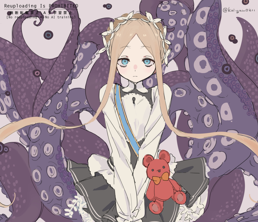 1girl abigail_williams_(fate) between_legs blonde_hair blue_eyes fate/grand_order fate_(series) flower hair_flower hair_ornament hand_between_legs highres kaigan0211 looking_at_viewer simple_background sketch skirt stuffed_animal stuffed_toy teddy_bear tentacles