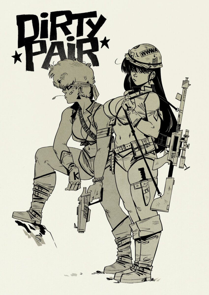 2girls bandaid bandaid_on_face bandolier black_hair boots breasts bullet copyright_name crop_top dirty_pair earrings gloves greyscale gun gutalalaman handgun headband helmet highres holding holding_gun holding_weapon holster jewelry kei_(dirty_pair) knee_up knife_sheath large_breasts leg_up long_hair looking_at_viewer micro_shorts midriff monochrome mouth_hold multiple_girls navel on_rock pursed_lips rifle sheath short_shorts shorts stalk_in_mouth triangle_earrings weapon yuri_(dirty_pair)