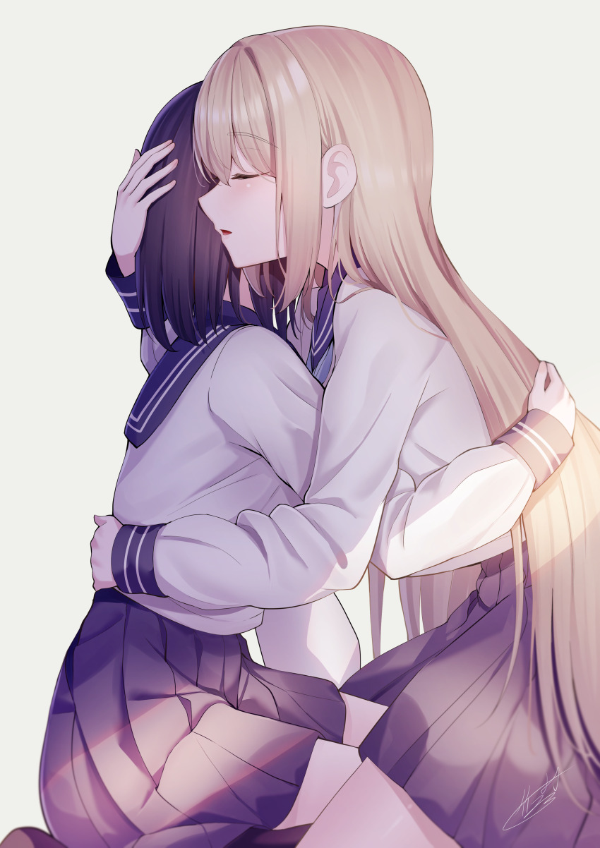 2girls absurdres black_hair blonde_hair closed_eyes couple hand_on_another&#039;s_head highres hug leg_between_thighs long_hair long_sleeves medium_hair miniskirt multiple_girls original pleated_skirt purple_theme sailor_collar school_uniform serafuku signature sitting skirt takemura_kou very_long_hair white_background yuri