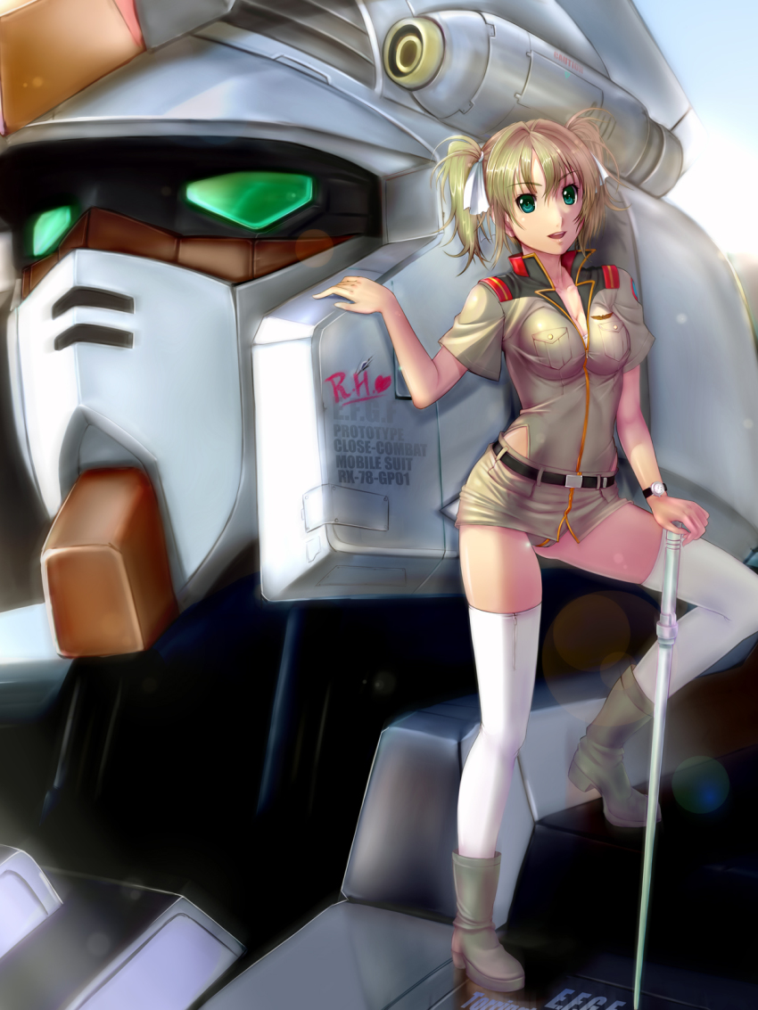 1990s_(style) 1girl belt blonde_hair boots breasts character_name cleavage collarbone green_eyes gundam gundam_0083 gundam_card_builder gundam_gp-01_zephyranthes h_kamome highleg highleg_leotard highres leotard mecha military military_uniform miniskirt open_mouth reflection reiko_holinger retro_artstyle robot skirt thighhighs twintails watch white_thighhighs wristwatch