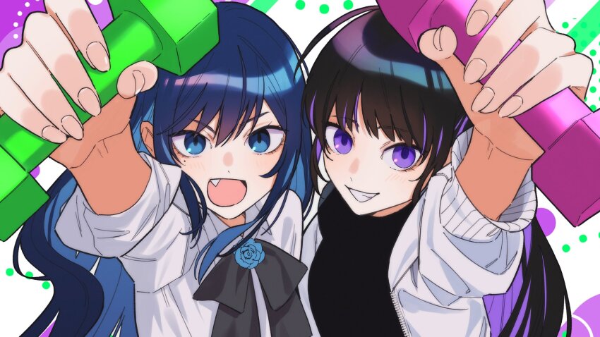 2girls ado_(utaite) arm_up black_bow black_bowtie black_hair black_shirt blue_eyes blue_flower blue_hair blue_rose bow bowtie chando_(ado) clenched_teeth cloud_nine_inc collared_shirt colored_inner_hair commentary_request company_connection fang flower flower_brooch highres jacket long_hair looking_at_viewer mole mole_under_eye multicolored_hair multiple_girls open_mouth purple_eyes purple_hair riseno rose shirt sidelocks sleeves_past_elbows streaked_hair teeth utaite white_jacket white_shirt yoshino_(utaite) zipper