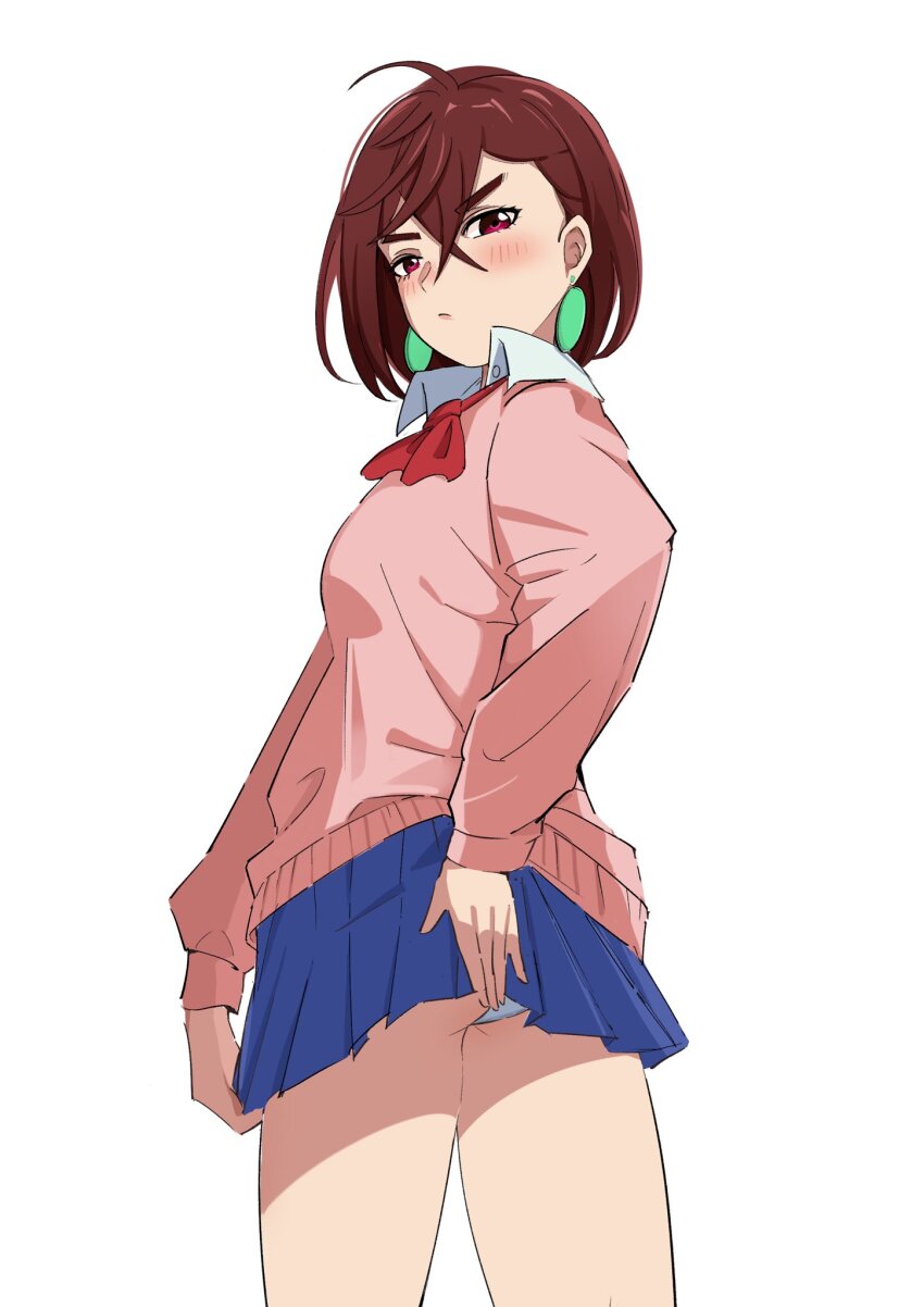 1girl ass ayase_momo blue_skirt bow brown_eyes brown_hair clothes_lift dandadan highres lifting_own_clothes miniskirt panties panty_peek pink_sweater qiweiyan red_bow short_hair simple_background skirt skirt_lift solo sweater underwear white_background