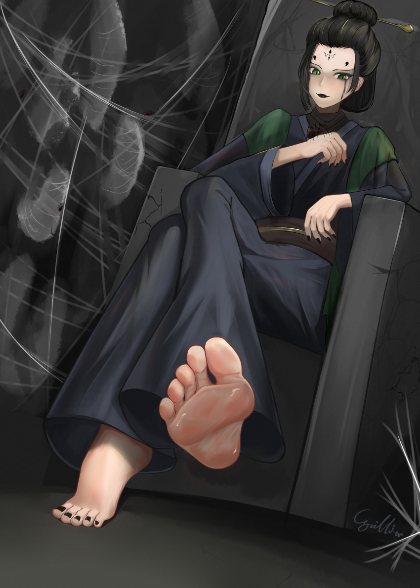 1girl absurdres barefoot black_hair black_lips black_myth:_wukong bug chinese_clothes crossed_legs cyrilliar feet fourth_sister_(black_myth:_wukong) green_eyes hair_bun highres long_hair looking_at_viewer silk soles spider spider_web throne toes