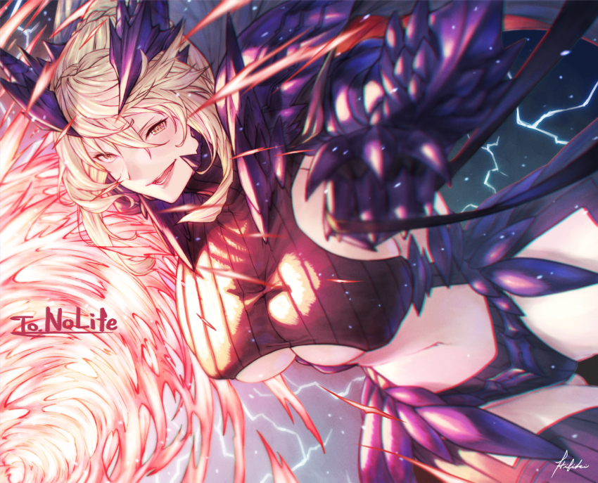 1girl artoria_pendragon_(fate) artoria_pendragon_(lancer_alter)_(fate) blonde_hair bodysuit breasts commission dark_rhongomyniad_(fate) fate/grand_order fate_(series) hair_bun highres horns ivris lance large_breasts polearm revealing_clothes rhongomyniad_(fate) ribbed_bodysuit skeb_commission solo turtleneck turtleneck_bodysuit underboob weapon yellow_eyes