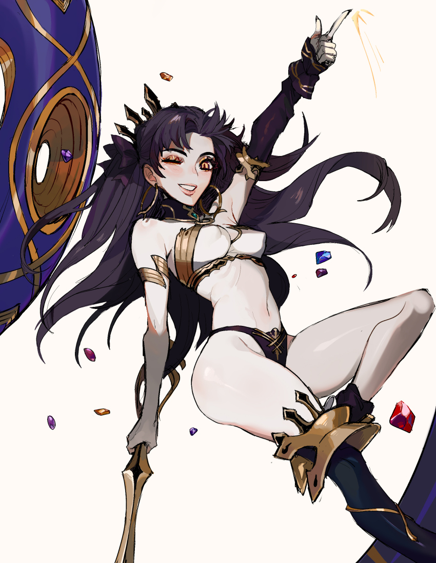 absurdres bikini black_hair black_tiara elbow_gloves ennuigrl fate/grand_order fate_(series) gloves grin heavenly_boat_maanna highres holding holding_sword holding_weapon ishtar_(fate) looking_at_viewer single_glove smile swimsuit sword thong_bikini tiara twintails weapon yellow_eyes