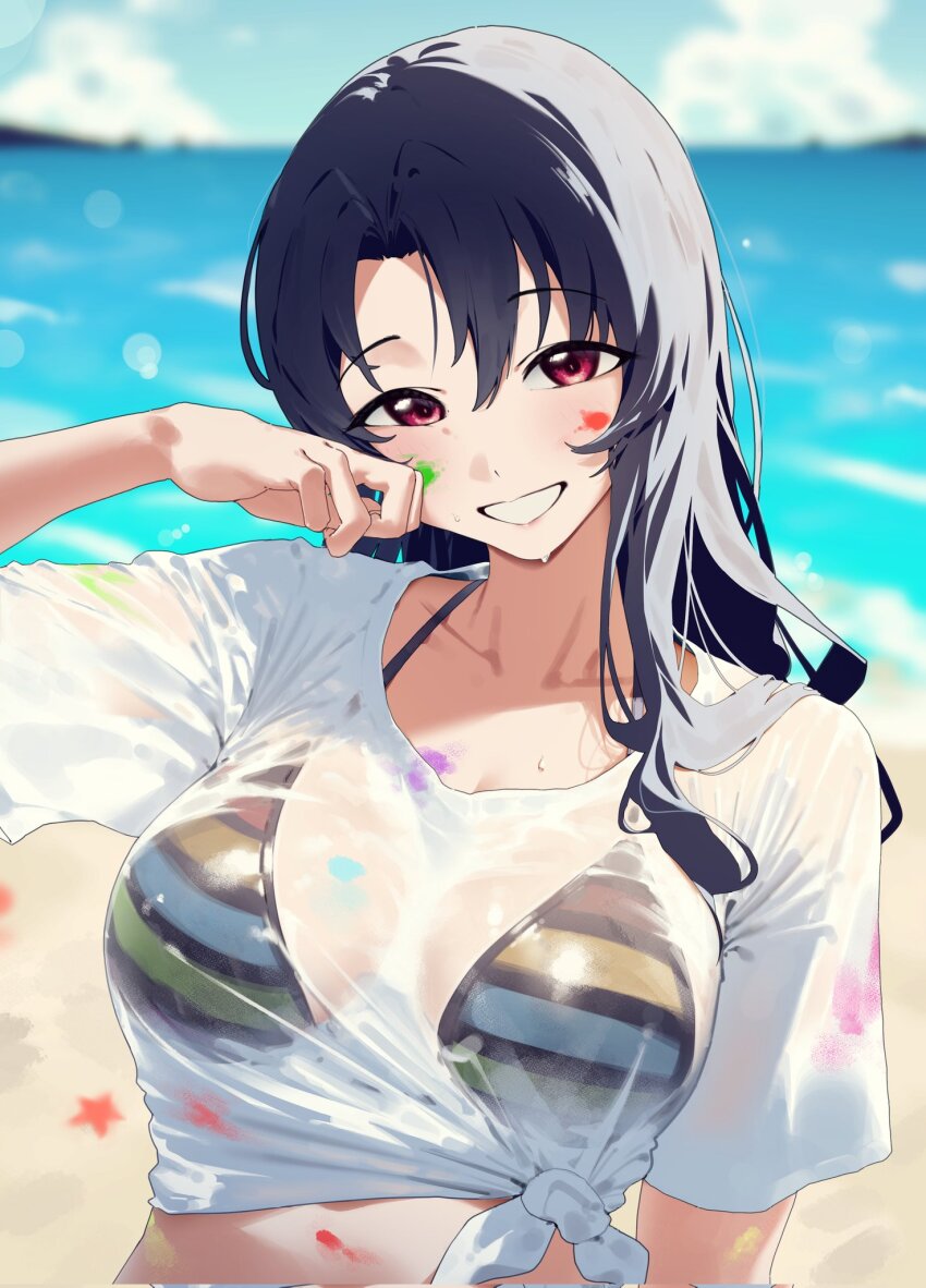 1girl beach bikini black_hair black_trim blue_sky blurry blurry_background blush breasts collarbone day grin halterneck hand_on_own_face hand_up highres horizon idolmaster idolmaster_million_live! idolmaster_million_live!_theater_days kimi_(hearty_yuuki) light_particles long_hair looking_at_viewer medium_breasts midriff mismatched_bikini no_eyewear ocean outdoors paint_on_body paint_on_clothes paint_splatter paint_splatter_on_face red_eyes see-through see-through_shirt shirt short_sleeves sky smile solo starfish striped_bikini striped_clothes swimsuit takayama_sayoko tied_shirt upper_body wet wet_clothes wet_shirt white_shirt