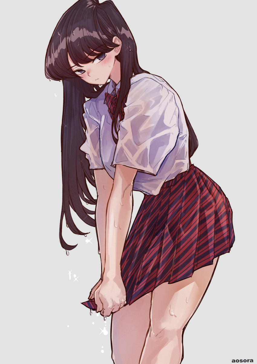 1girl aosora2823 artist_name bare_legs black_hair blush bow bowtie diagonal-striped_bow diagonal-striped_bowtie diagonal-striped_clothes feet_out_of_frame highres itan_private_high_school_uniform komi-san_wa_komyushou_desu komi_shouko long_hair looking_at_viewer no_legwear pleated_skirt red_bow red_bowtie red_skirt school_uniform shirt short_sleeves simple_background skirt solo striped_clothes very_long_hair water_drop wet wet_clothes wet_shirt white_shirt wringing_clothes wringing_skirt