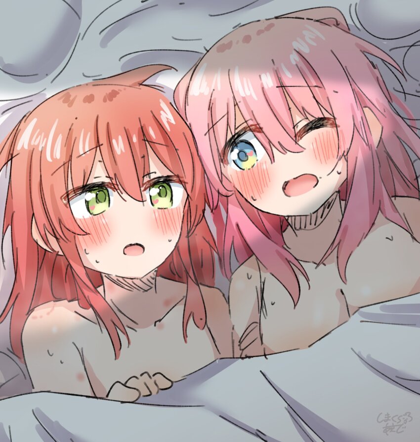 2girls aftersex bed bed_sheet blue_eyes blush bocchi_the_rock! gotoh_hitori hair_blush hair_down hickey highres huffing kita_ikuyo looking_at_another messy_hair multiple_girls nude on_bed one_eye_closed pink_hair red_hair shimakura_asado sweat sweatdrop tagme under_covers white_background yellow_eyes yuri