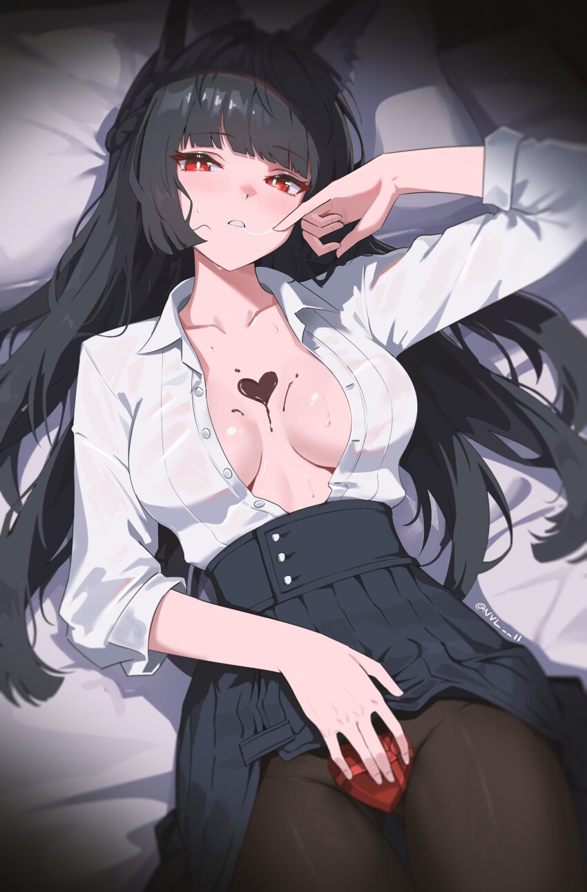 1girl absurdres animal_ears black_hair black_pantyhose black_skirt blush box breasts breasts_apart bright_pupils clothes_lift collarbone collared_shirt commentary covering_privates fox_ears fox_girl from_above gluteal_fold hair_spread_out hand_up heart-shaped_box high-waist_skirt highres hoshimi_miyabi long_hair lying medium_breasts no_bra no_panties nvl on_back on_bed open_clothes open_shirt pantyhose parted_lips red_eyes saliva saliva_trail shirt shirt_tucked_in skirt skirt_lift sleeves_rolled_up solo sweat thigh_gap unbuttoned white_pupils white_shirt zenless_zone_zero