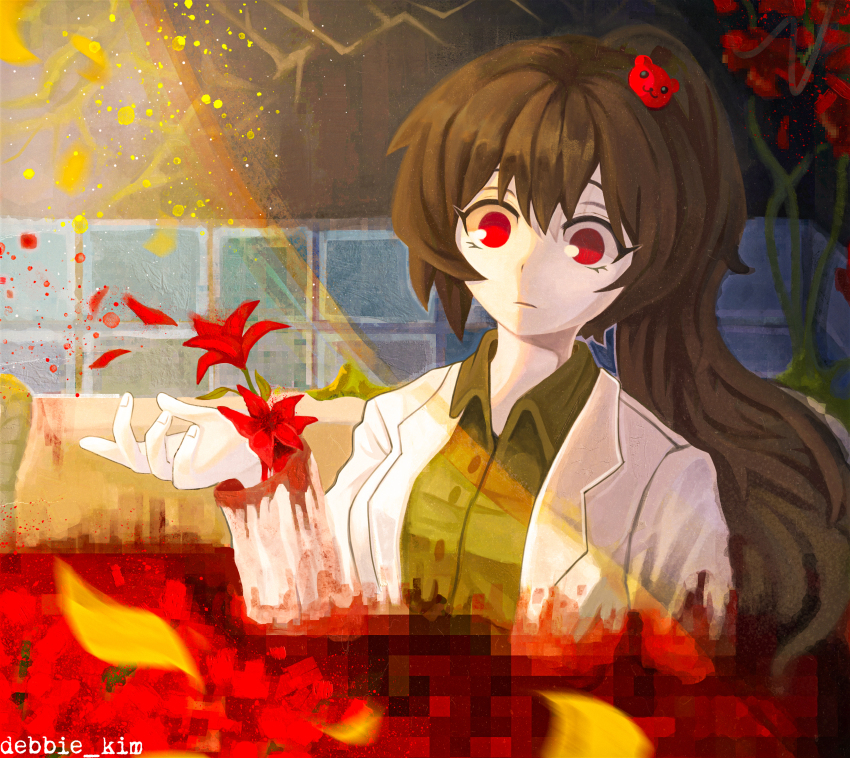 1girl absurdres bear_hair_ornament blood blood_on_clothes bloodbath_(project_moon) brown_hair carmen_(project_moon) closed_mouth collared_shirt debbie_kimm flower green_shirt hair_ornament high_ponytail highres lobotomy_corporation long_hair looking_at_viewer petals ponytail pool_of_blood project_moon red_eyes red_flower shirt solo tile_wall tiles wide-eyed wing_collar