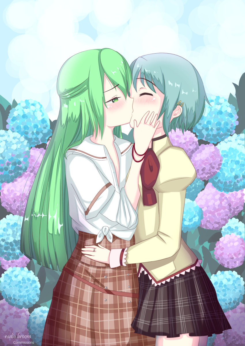 2girls absurdres alina_gray blue_hair checkered_clothes checkered_skirt flower green_eyes green_hair highres kiss magia_record:_mahou_shoujo_madoka_magica_gaiden mahou_shoujo_madoka_magica miki_sayaka multiple_girls radio.broom school_uniform skirt yuri