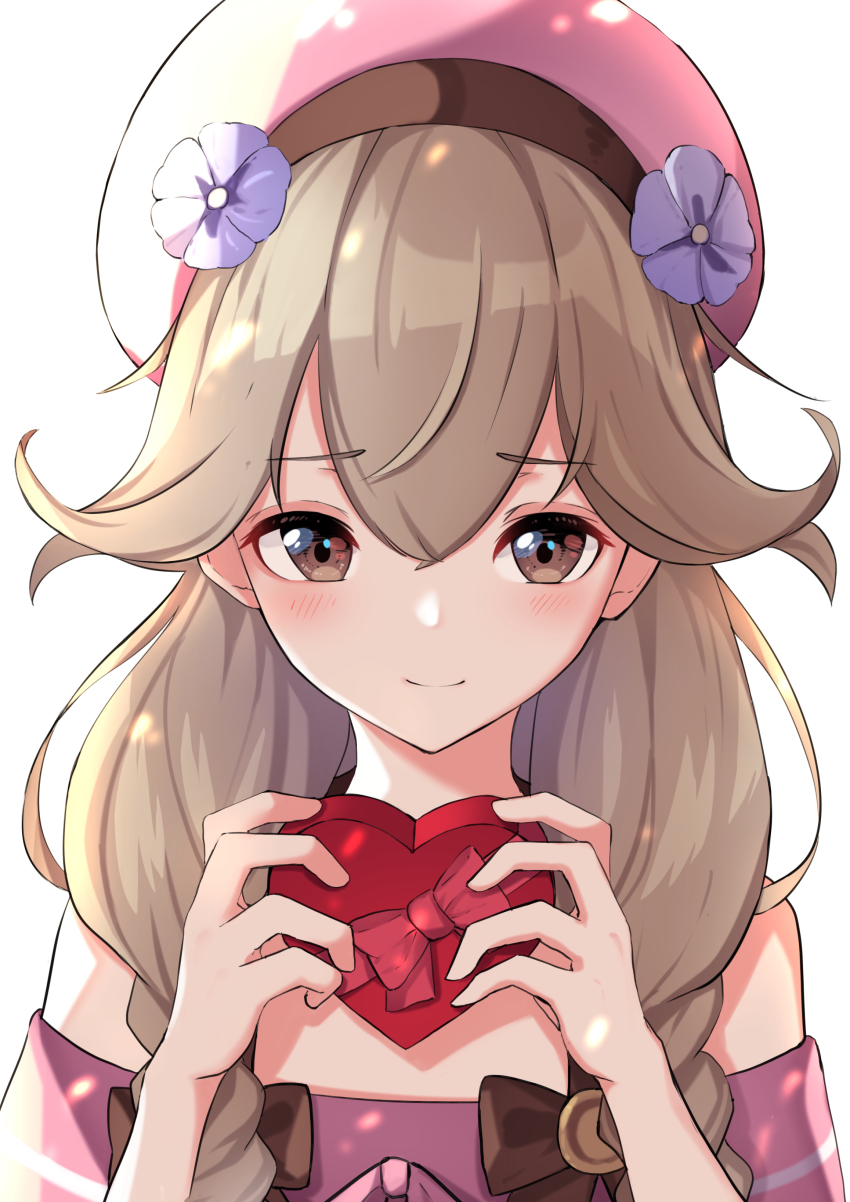 1girl absurdres blonde_hair bow box braid brown_eyes closed_mouth faye_(fire_emblem) fire_emblem fire_emblem_echoes:_shadows_of_valentia fire_emblem_heroes gift gift_box hako_momiji hat highres holding long_hair nintendo simple_background smile solo twin_braids upper_body valentine white_background